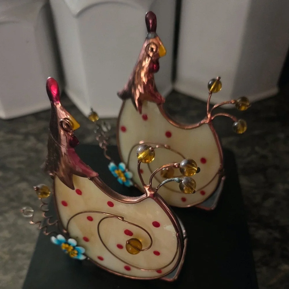 Vintage Stained Glass Chicken Tea Light Candle Holders Set of 2 Farmhouse Decor
